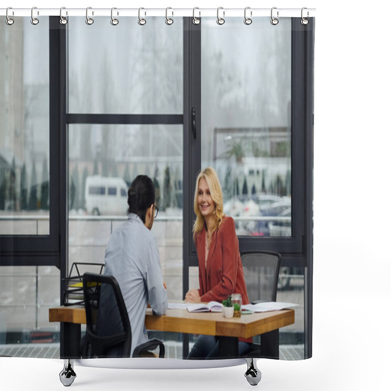 Personality  A Woman Engages In Conversation With A Man During Job Interview. Shower Curtains