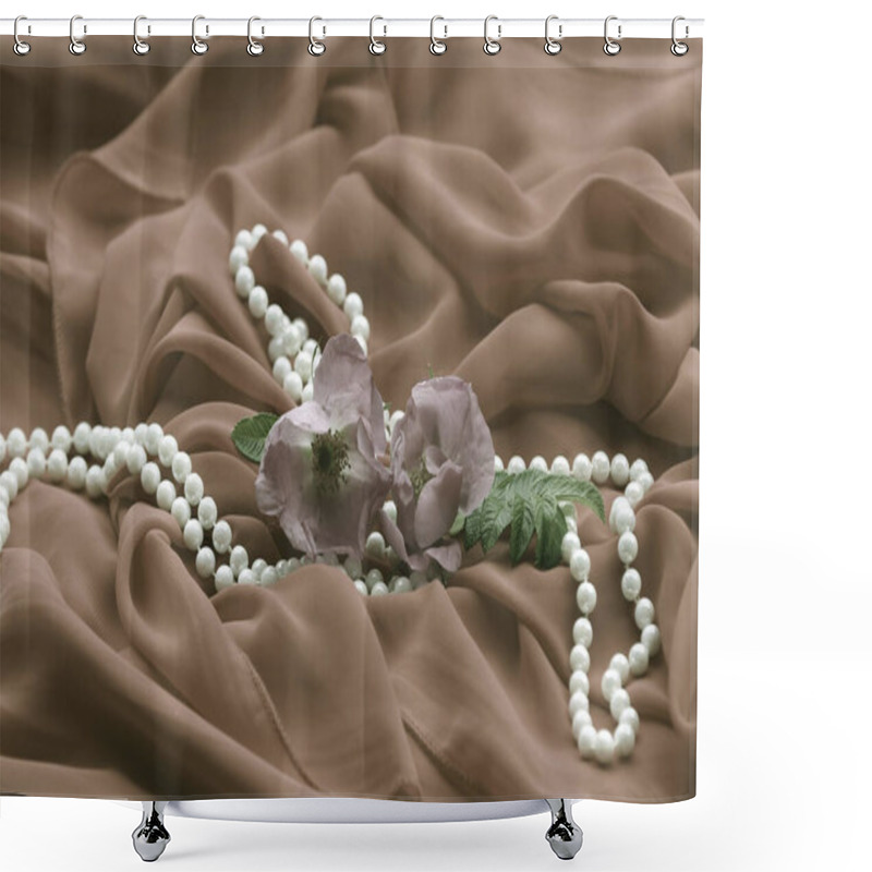 Personality  Close-up Of Fabric With A Rose And Pearl Necklace In Mocha Mousse  Shower Curtains