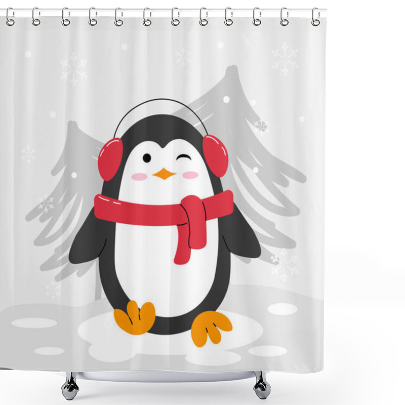 Personality  Cute Christmas Penguin In Flat Style, Perfect For Holiday Cards, Decorations, And Seasonal Designs. Shower Curtains