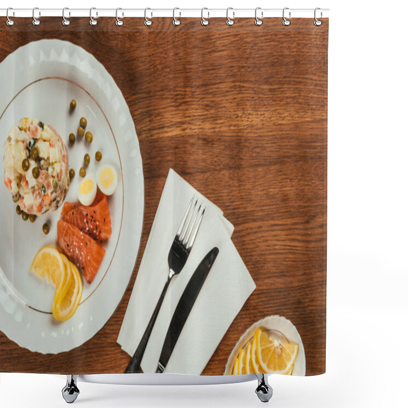 Personality  Top View Of Russian Salad Served With Salmon And Lemon On White Plate On Wooden Table Shower Curtains