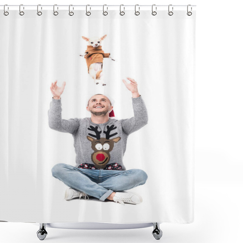 Personality  Smiling Man In Santa Claus Hat Having Fun Together With Chihuahua Dog In Sweater Isolated On White Shower Curtains