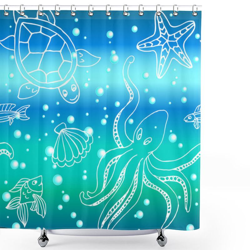 Personality  Hand Drawn Pattern With Different Sea Creatures Shower Curtains