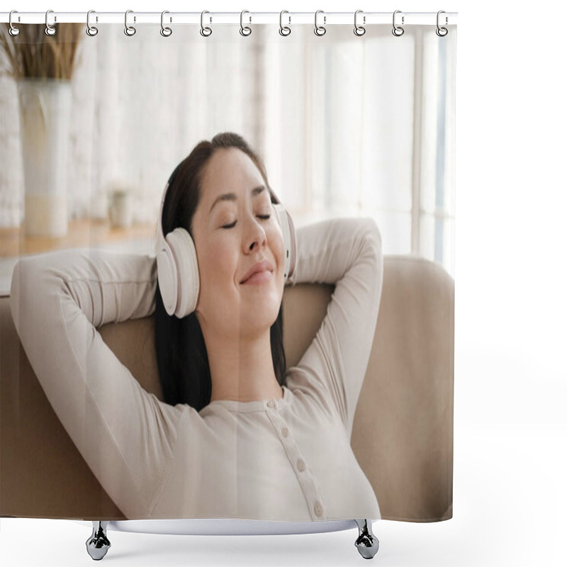 Personality  Young Asian Woman Chilling On Comfortable Sofa With Eyes Closed Wearing Headphones. Pretty Mixed Race Lady Enjoys Listening Chill Music Audio Sound Meditating Feeling No Stress At Home. Shower Curtains