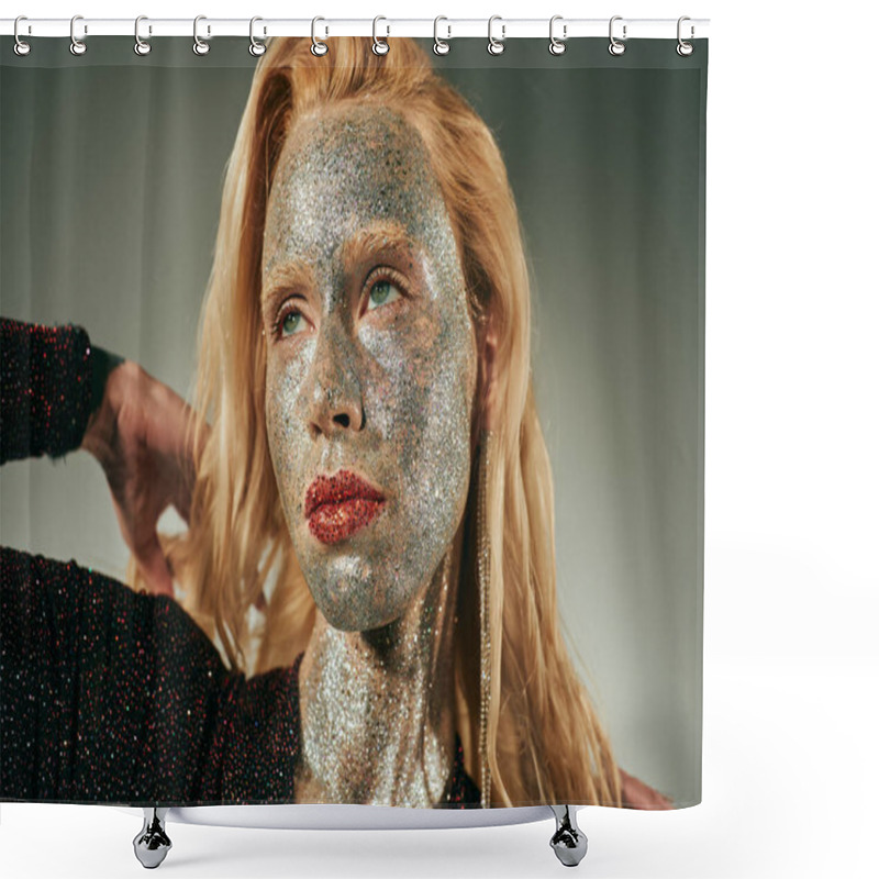 Personality  Portrait, Dreamy Woman In Shiny Dress With Glitter All Over Body And Face Posing On Grey Backdrop Shower Curtains