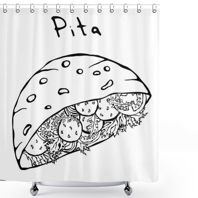 Personality  Falafel Pita Or Meatball Salad In Pocket Bread. Arabic Israel Healthy Fast Food Bakery. Jewish Street Food. Realistic Hand Drawn Illustration. Savoyar Doodle Style Shower Curtains