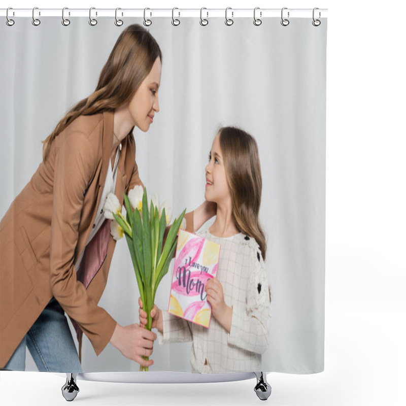 Personality  Joyful Girl Presenting Tulips And Greeting Card To Mother Isolated On Grey Shower Curtains