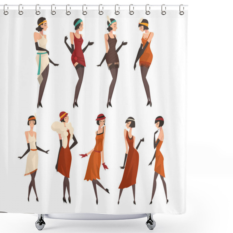 Personality  Elegant Women In Retro Dresses, Black Stockings And Gloves Set, Beautiful Flapper Girls Of 1920s, Art Deco Style Vector Illustration Shower Curtains