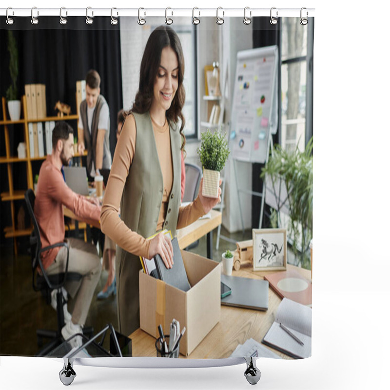 Personality  Woman Organize Belongings Amidst A Challenging Layoff Process, Colleagues On Backdrop. Shower Curtains