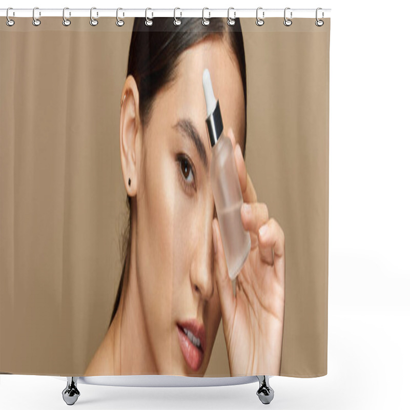 Personality  Stylish Young Woman Enhances Her Beauty Routine With A Skincare Serum In An Elegant Environment. Shower Curtains