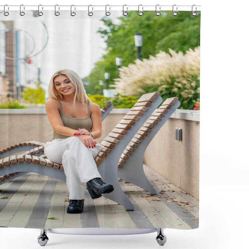 Personality  A Beautiful Young Woman Strolls Through Her Quaint Small Town, Basking In The Warmth Of Spring. Surrounded By Blooming Flowers And Fresh Air, She Radiates Joy, Enjoying The Peaceful Solitude. Shower Curtains