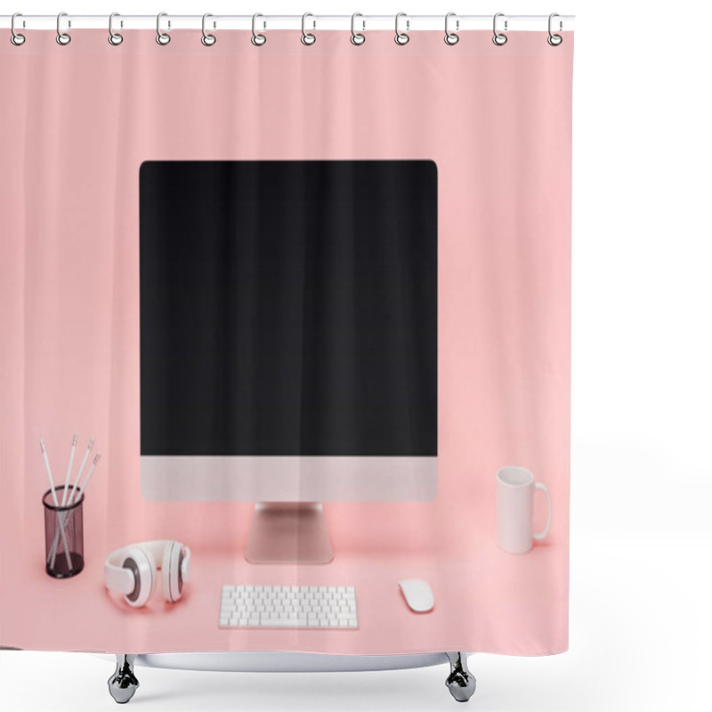 Personality  Workplace With Computer, Cup, Headphones And Pencils On Pink Background Shower Curtains