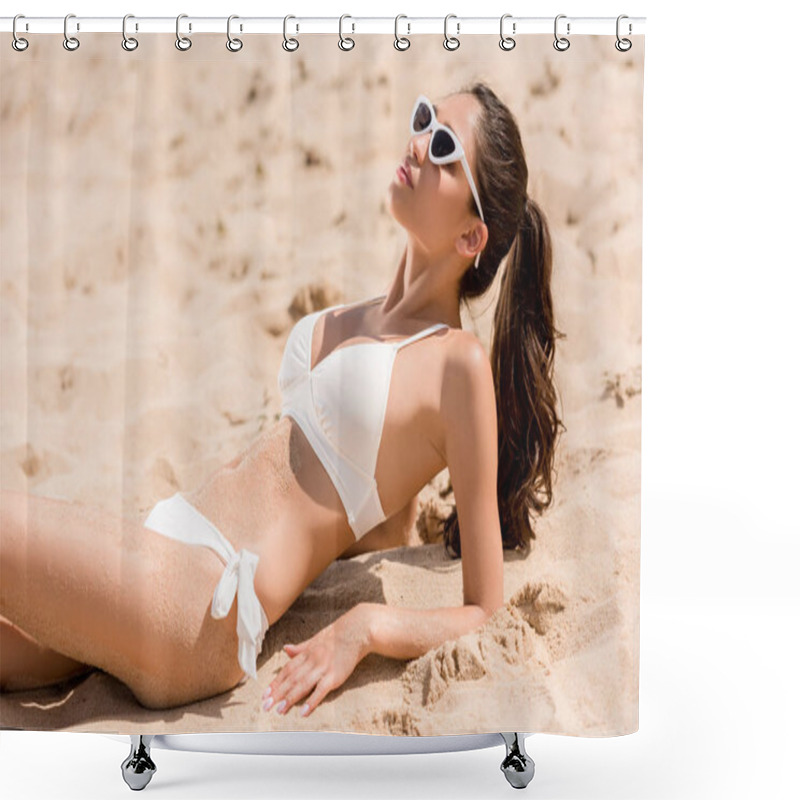 Personality  Beautiful Slim Girl In Sunglasses And White Bikini Sunbathing On Sand Shower Curtains