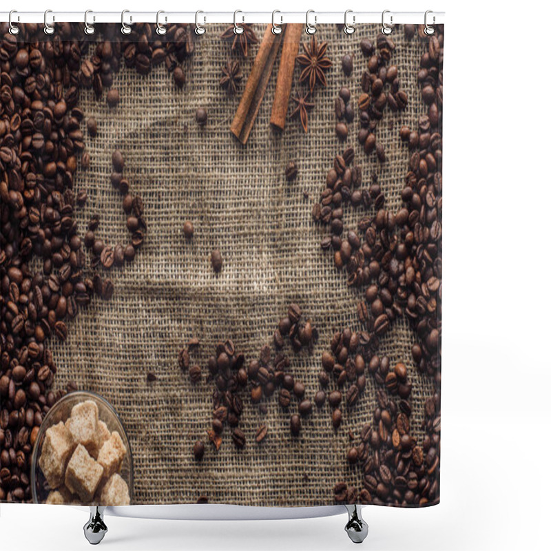 Personality  Top View Of Roasted Coffee Beans With Cinnamon Sticks, Star Anise And Brown Sugar In Glass Bowl On Sackcloth   Shower Curtains