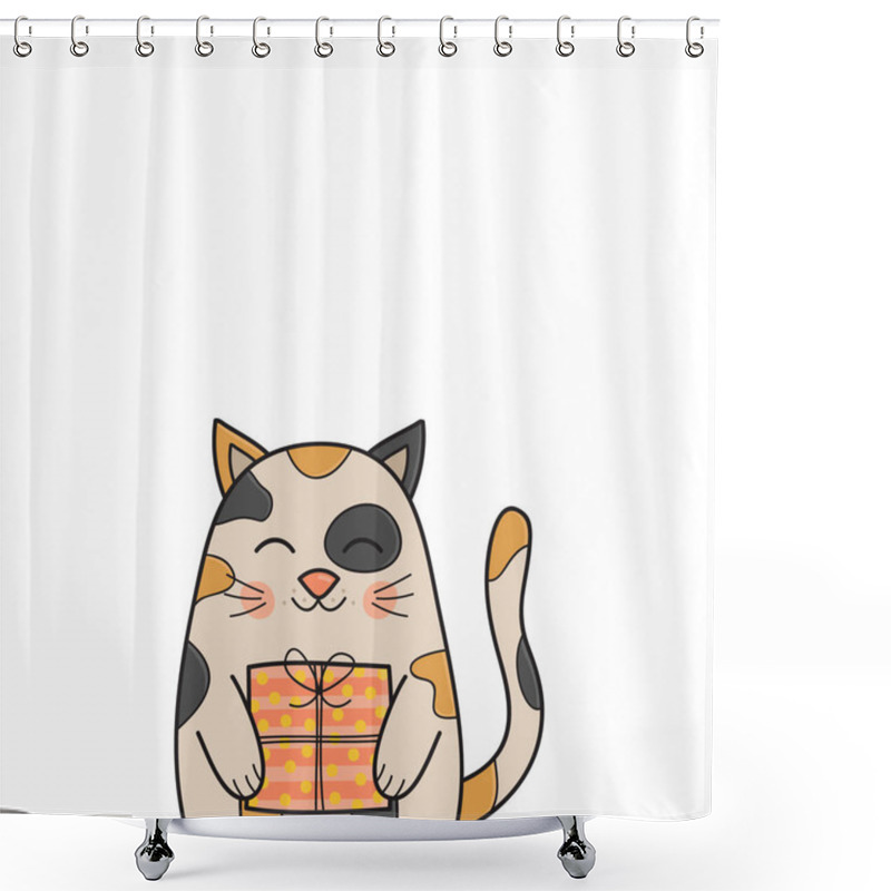 Personality  Funny Birthday Cat Vector Illustration. Hand Drawn Greeting Card With Cute Calico Kitten Holding Gift. Isolated. Shower Curtains