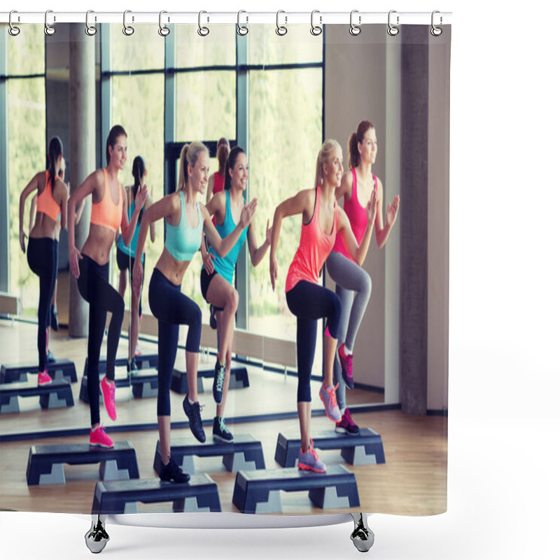 Personality  Group Of Women Working Out With Steppers In Gym Shower Curtains