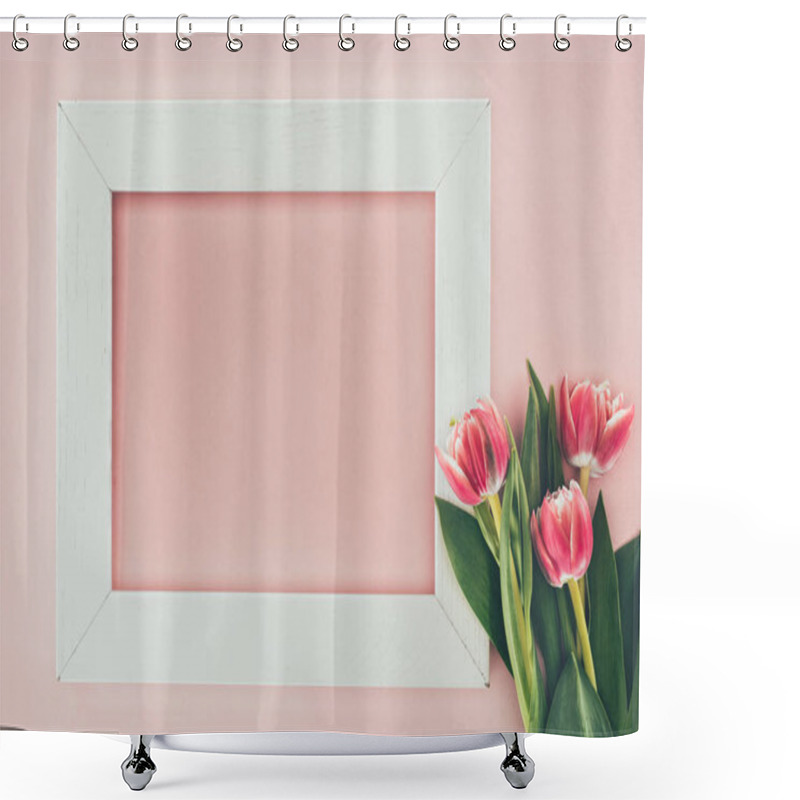 Personality  Beautiful Pink Tulips And Empty White Frame On Pink   Shower Curtains