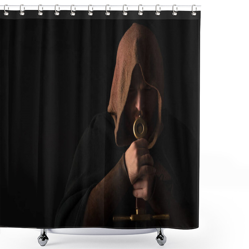 Personality  Medieval Scottish Man In Mantel With Sword  In Dark Isolated On Black Shower Curtains