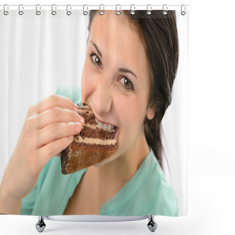 Personality  Greedy Young Woman Eating Tasty Cake Shower Curtains