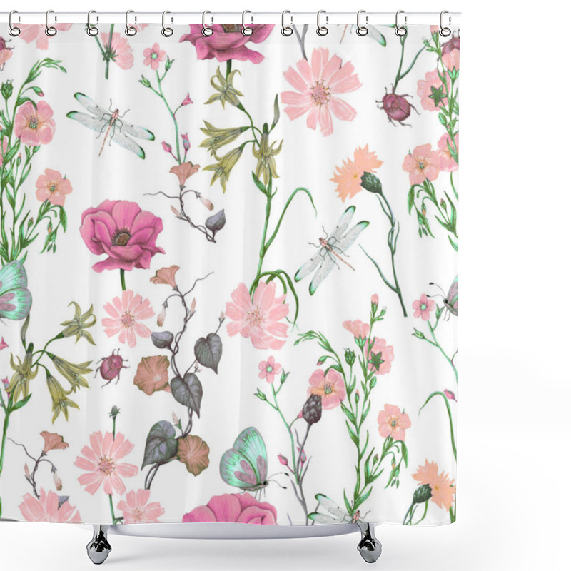 Personality  Seamless Floral Pattern Of Garden Wildflowers Shower Curtains