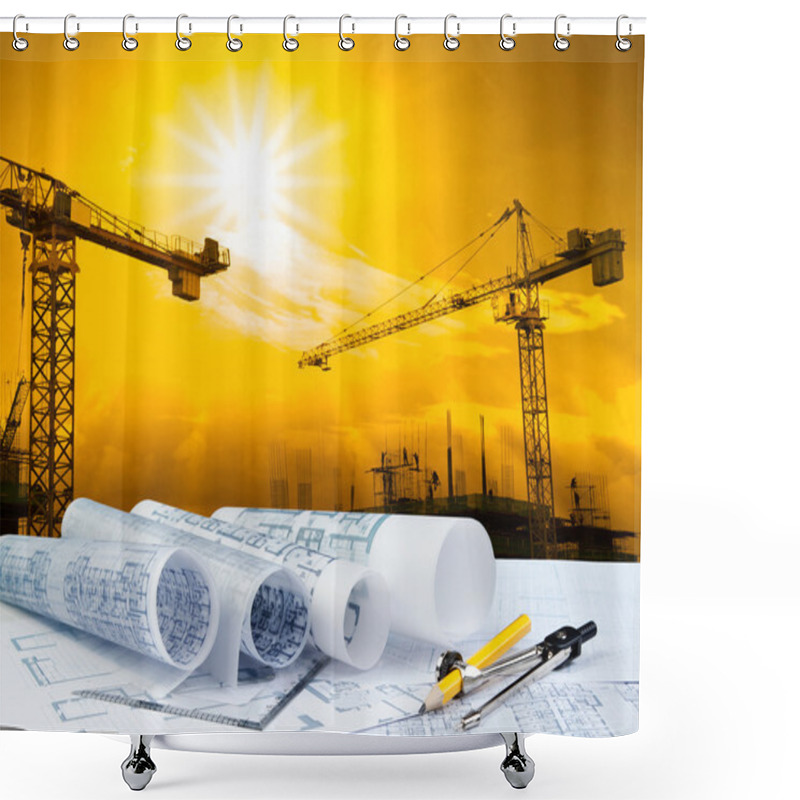 Personality  Architect Plan On Working Table With Crane And Building Construction Background Shower Curtains