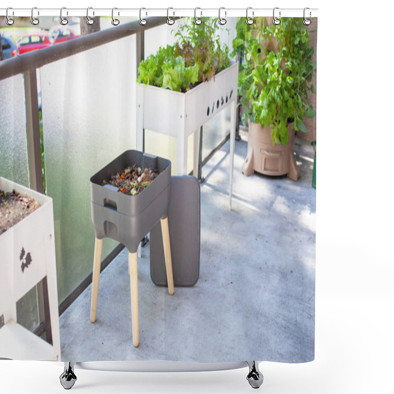 Personality  A Vermicomposting System (worm Composter) Sits On An Apartment Balcony With Other Patio Planters. Worms Eat Food Scraps And Produce Worm Castings And Worm Tea To Be Used As Fertilizer. Redirect Waste. Shower Curtains