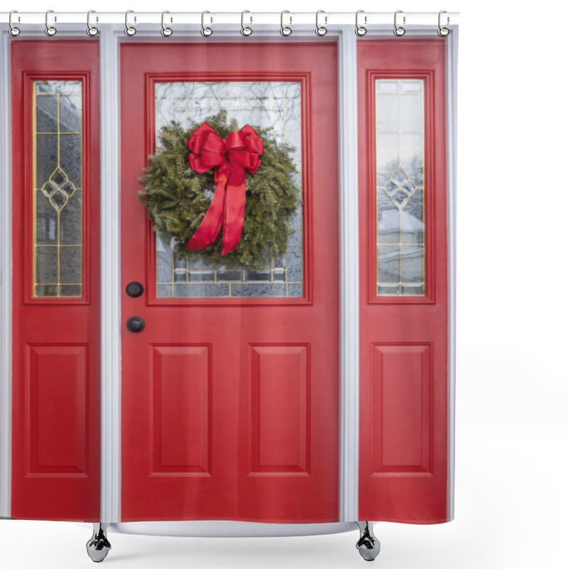 Personality  Red House Door Decorated With A Real Pine Christmas Wreath And A Big Red Satin Bow Shower Curtains