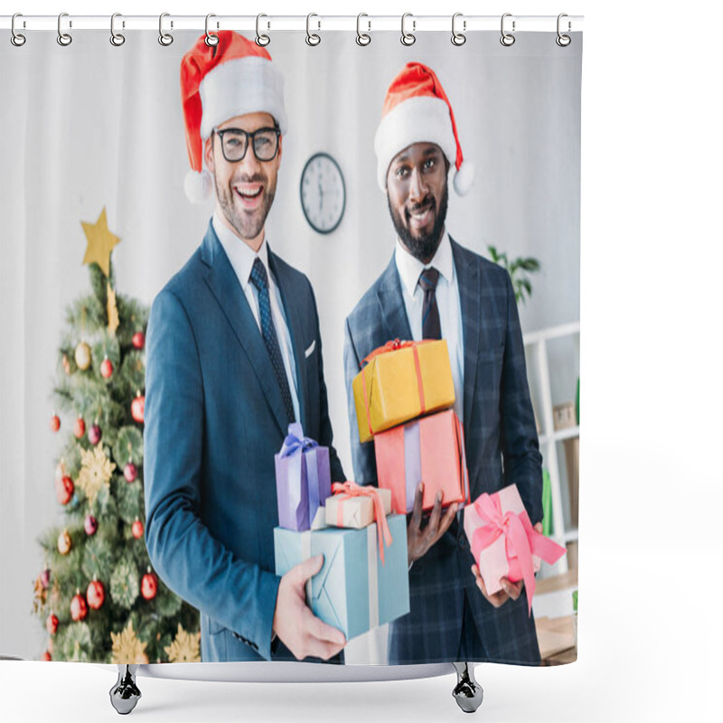 Personality  Smiling Multicultural Businessmen In Santa Hats Holding Gift Boxes In Office Shower Curtains