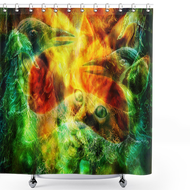 Personality  Bird And Radiant Orange Cat Head Playing With A Peacock Feather, Head Detail Close Up,  With Phoenix Collage Shower Curtains