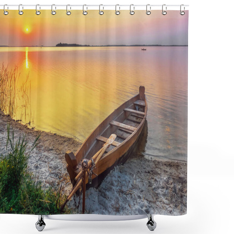 Personality  Sunset Over The Lake - Wooden Boat On The Sandy Beach. Shower Curtains