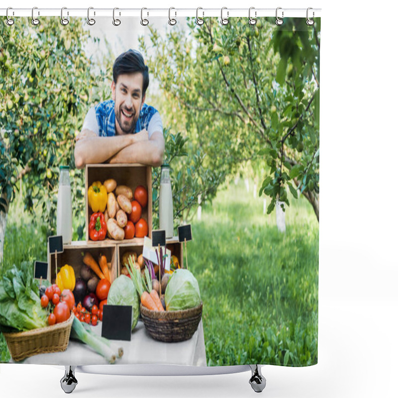 Personality  Handsome Farmer Leaning On Boxes With Vegetables At Farmer Market Shower Curtains