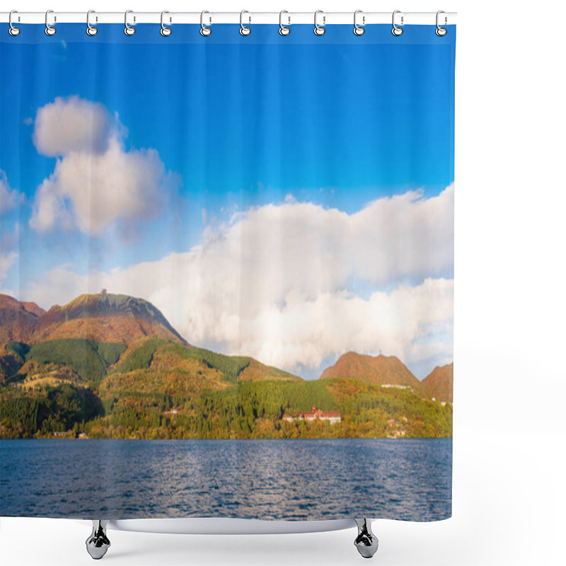 Personality  View Of The Landscape At Lake Ashi In Hakone, Japan. Copy Space For Text Shower Curtains