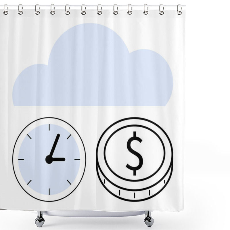 Personality  Blue Cloud Above Clock And Dollar Coin, Representing Cloud Computing, Time Management, And Financial Efficiency. Ideal For Business, Digital Services, Productivity, Savings, Tech Innovation Shower Curtains