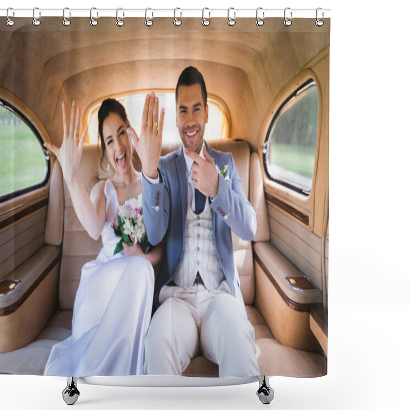 Personality  Blurred Newlyweds Showing Rings In Retro Car  Shower Curtains