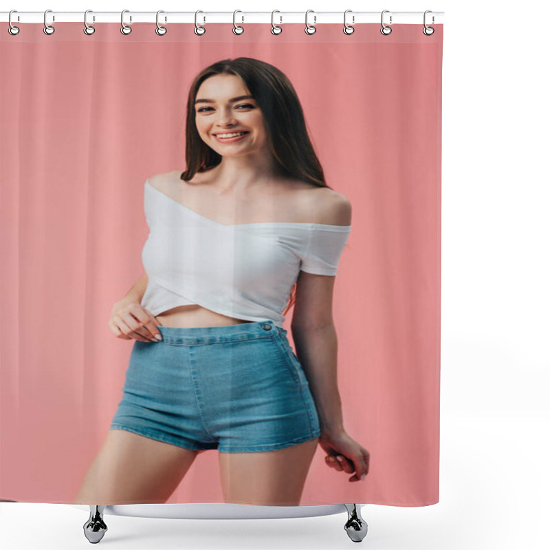 Personality  Beautiful Smiling Girl Posing Isolated On Pink Shower Curtains