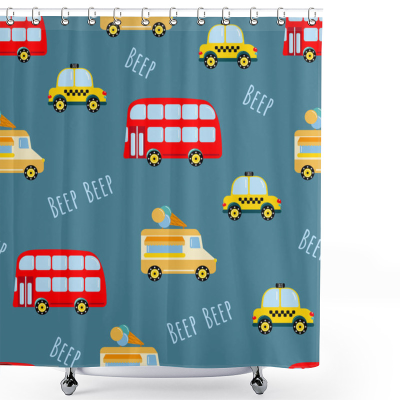 Personality  Transport. Double Decker Bus, Taxi, Ice Cream Van. Endless Textures For Your Design. Flat Style. Shower Curtains