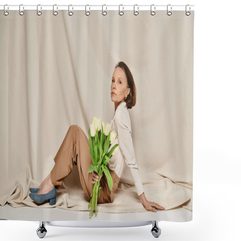 Personality  A Graceful Woman Holds A Bouquet Of Tulips On A White Background. Shower Curtains