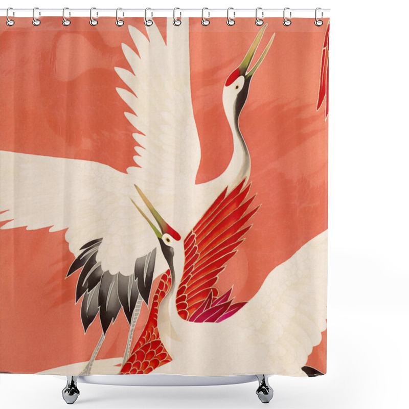 Personality  Japanese Cranes. White And Red Cranes Flying Over A Vibrant And Warm Background In Shades Of Red And Peach. An Exquisite Composition In The Japanese Style. Shower Curtains