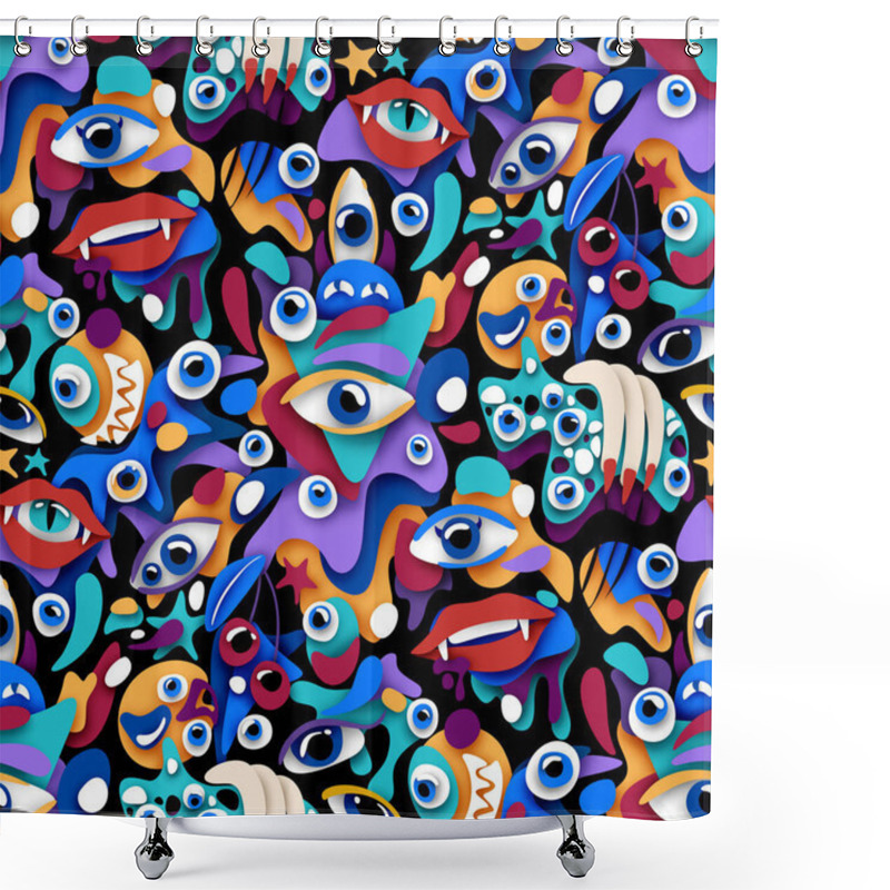 Personality  Psyhodelical Pattern With Thousand Eyes Looking Into The Soul, Witchcraft Vibes. Surreal Design On Black. Pop Art Cartoon Style With Stains. Seamless Pattern, Endless Texture. Vector 3d Illustration Shower Curtains