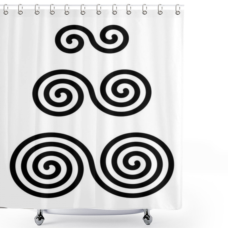 Personality  Three Interlocked Double Spirals Over White. Combined Spirals With Two, Three And Four Turns. Motifs Of Twisted And Connected Spirals. Isolated Illustration. Vector. Shower Curtains