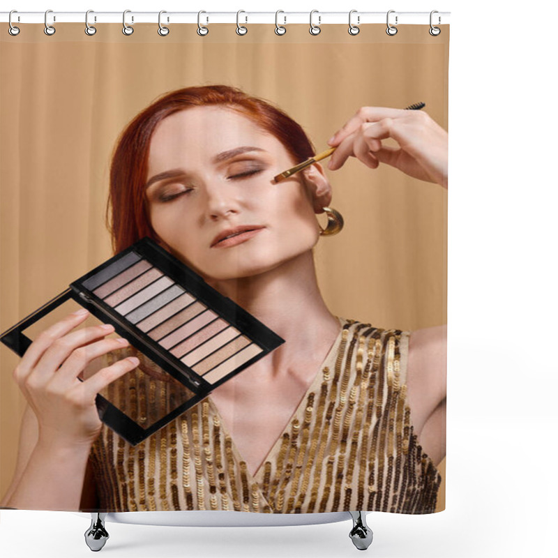 Personality  Redhead Woman Applying Eye Shadow  And Holding Palette On Beige Background, Beauty Advertisement Shower Curtains