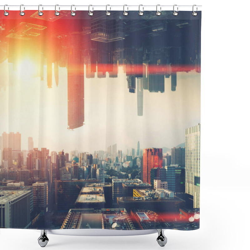 Personality  Futuristic Multiverse World Concept. Downtown With Skyscrapers Skyline Under And Cityscape Over. Two Parallel Worlds. Alternative Reality Dimension Shower Curtains