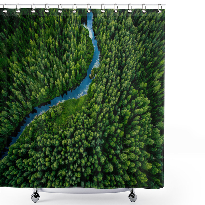 Personality  Aerial View Of Green Grass Forest With Tall Pine Trees And Blue Bendy River Flowing Through The Forest In Finland Shower Curtains