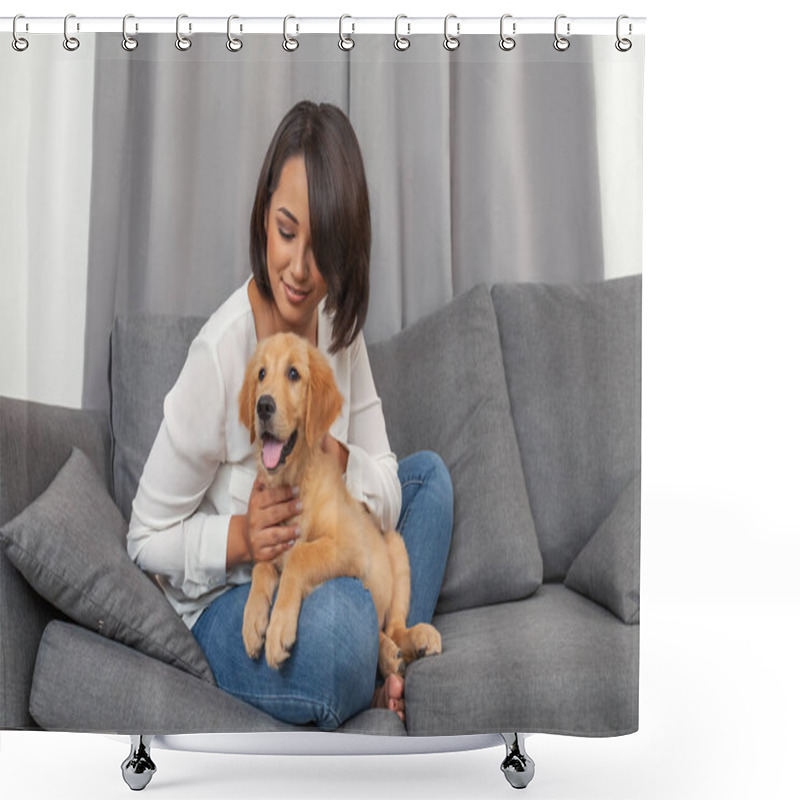 Personality  Woman Sitting Together With Her Young Dog On Sofa At Home Shower Curtains