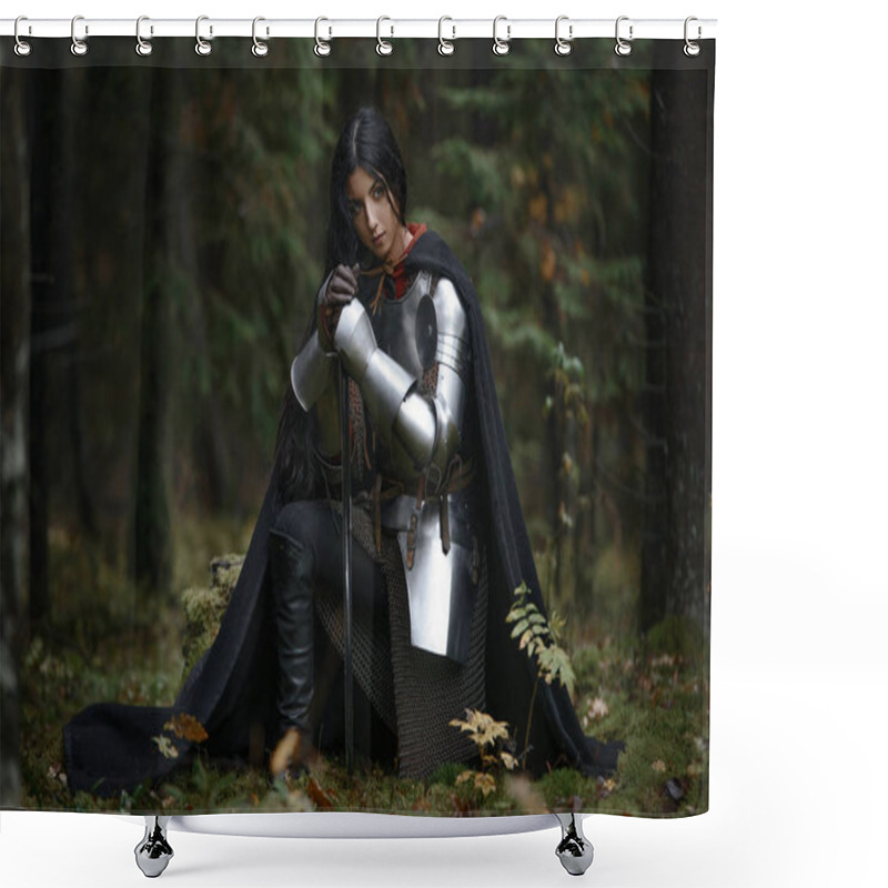 Personality  A Beautiful Warrior Girl With A Sword Wearing Chainmail And Armor In A Mysterious Forest. Shower Curtains