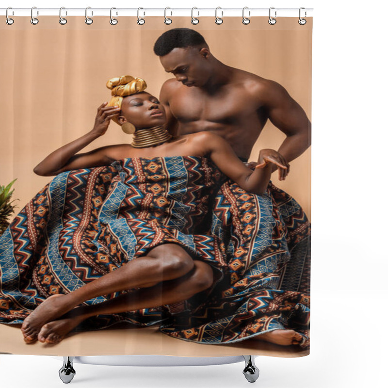 Personality  Sexy Naked Tribal Afro Woman Covered In Blanket Posing Near Man On Beige Shower Curtains