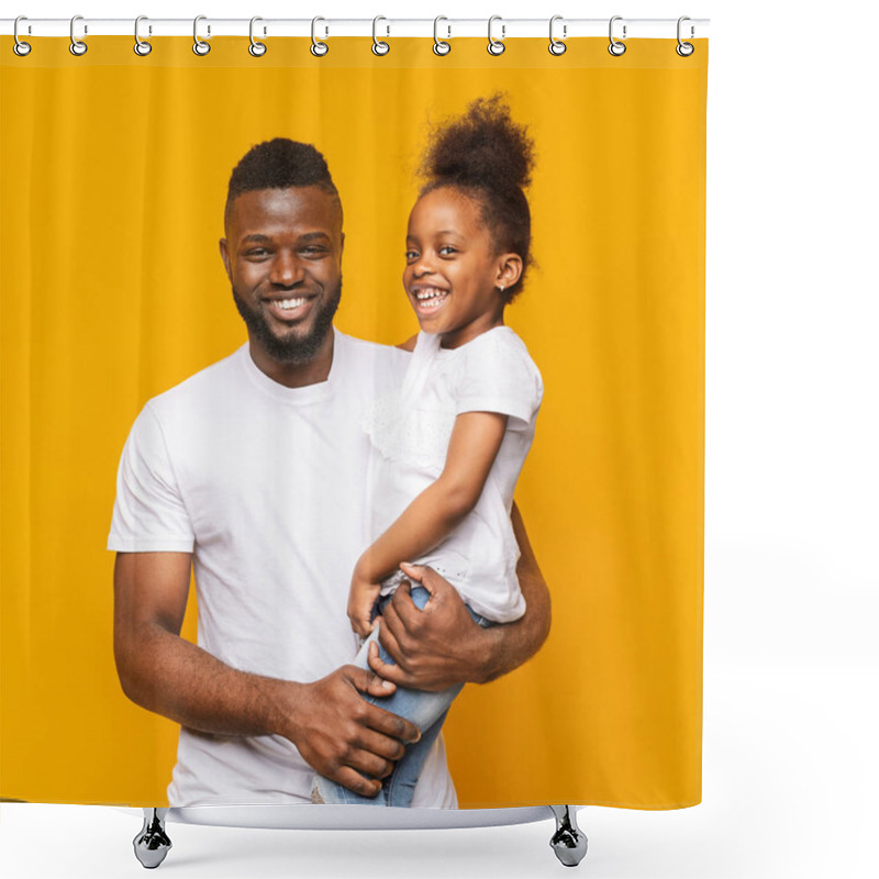 Personality  Cheerful African Dad Holding His Cute Daughter On Hands Shower Curtains