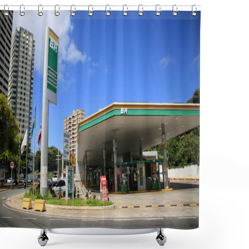 Personality  Salvador, Bahia, Brazil - May 26, 2021: Facade Of A BR Distribuidora Gas Station In The City Of Salvador. Shower Curtains