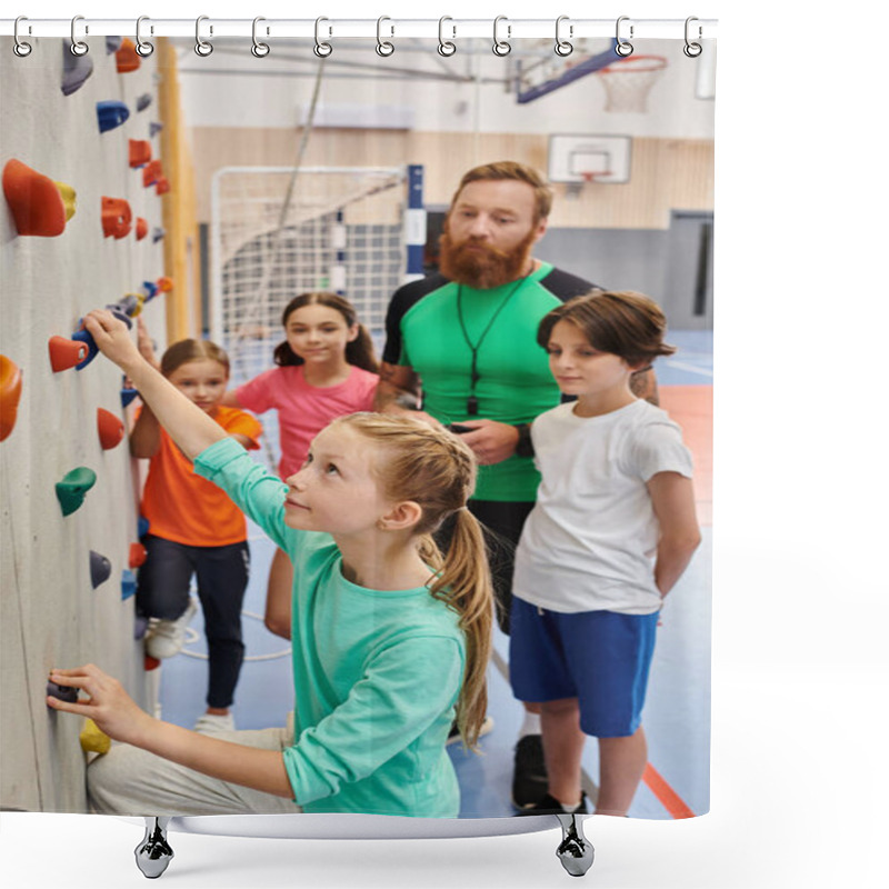 Personality  A Man Teacher Instructs A Diverse Group Of Kids And Adults As They Stand Around A Climbing Wall, Preparing To Embark On An Adventurous Climbing Challenge. Bright, Lively Classroom Setting Adds To The Excitement. Shower Curtains