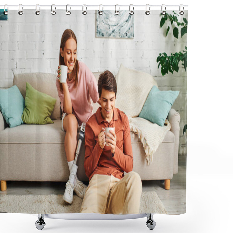 Personality  A Woman With A Prosthetic Leg And Her Boyfriend Enjoy A Cup Of Coffee Together On A Couch. Shower Curtains