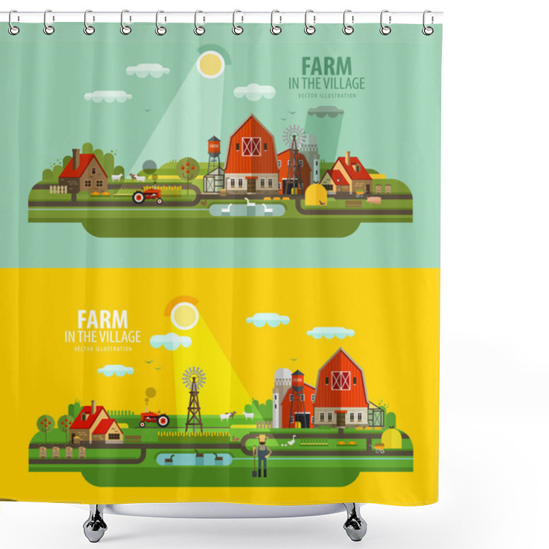 Personality  Farm In The Village. Set Of Elements - Barn, Tractor, Animals, Building, Windy Mill, Harvest, Farming, Farmer Shower Curtains